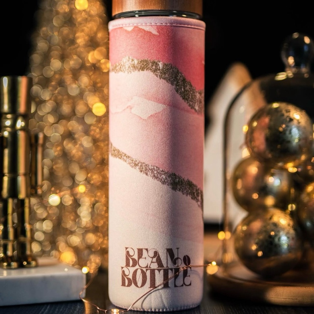 Bean Bottle Double Wall Glass Bottle and Pink Marbles Glitter Sleeve